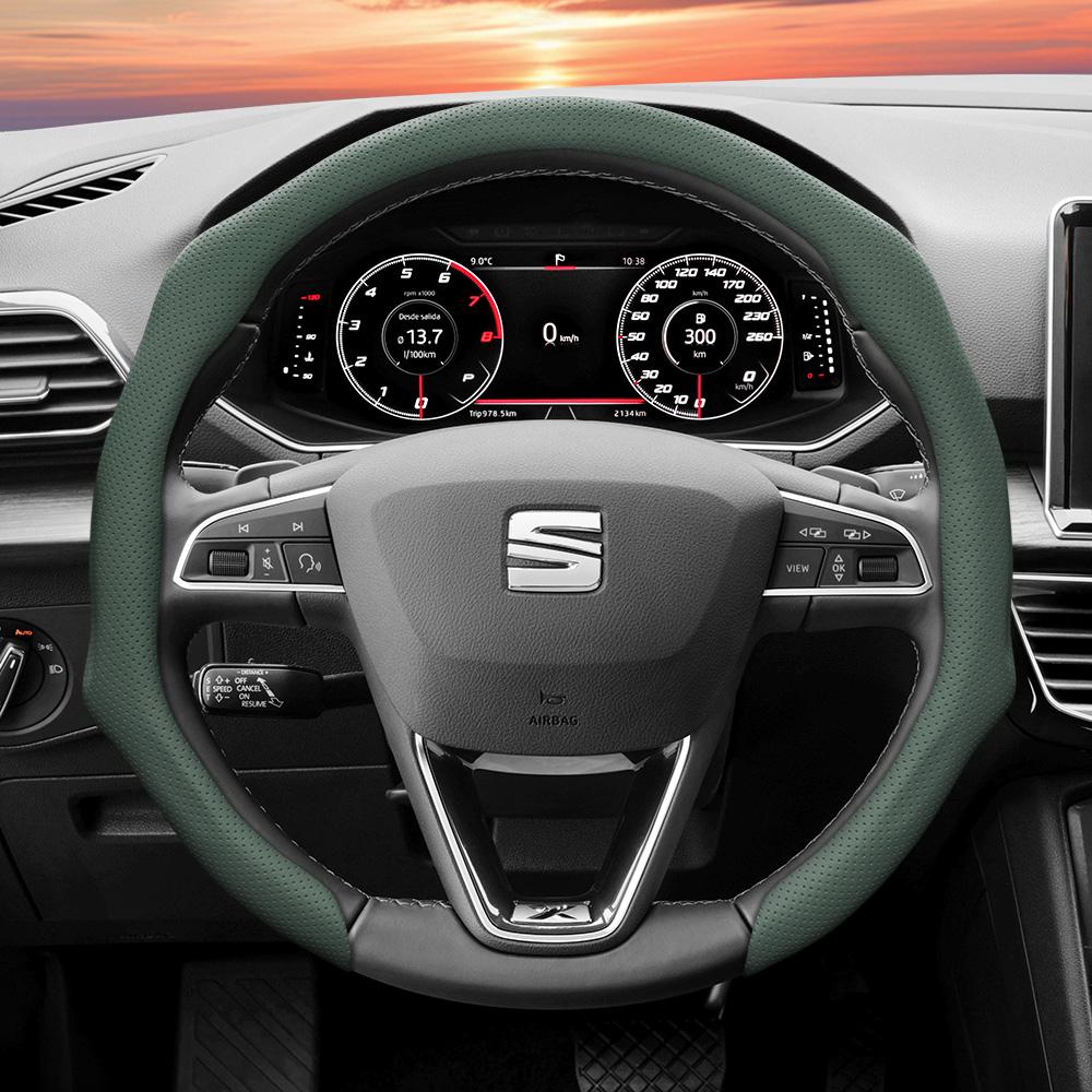 Suitable for Seat Perforated Leather Steering Wheel Cover, Non-Slip, Sweat-Absorbent, Breathable, Integrated Snap-On Protective Cover for Ibiza, Arona