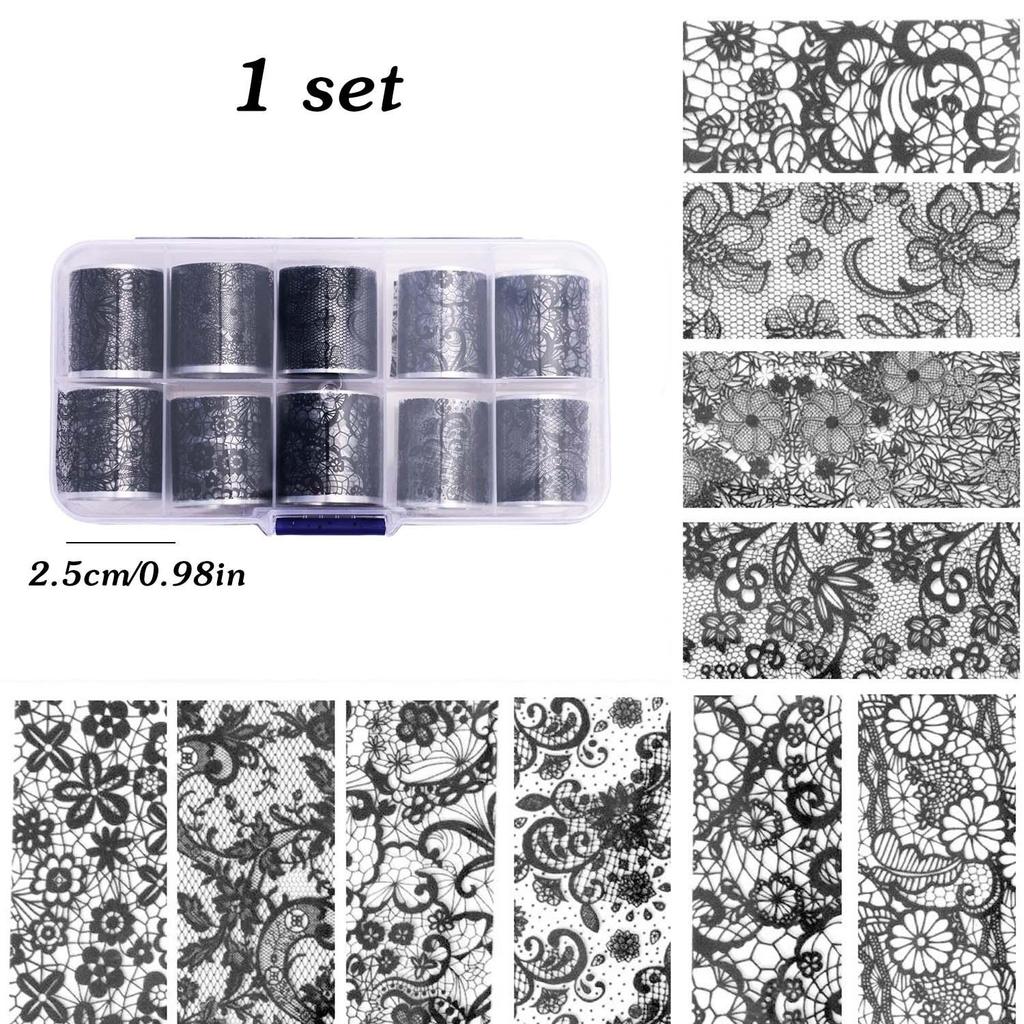 10rolls Black White Lace Nail Foils Stickers Sexy Flowers Design Nail Arts Decals Nails Salon Adhesive DIY Manicure Styling Tool