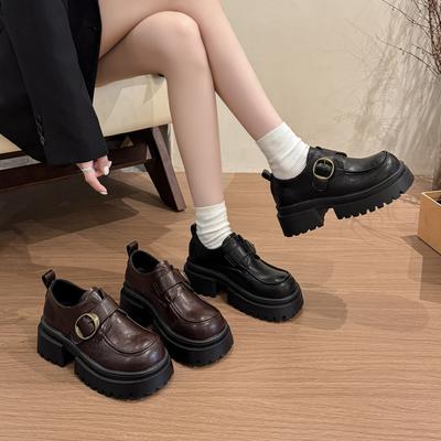 Platform Loafers Women's 2025 Spring New Heightening Buckle Retro Versatile British Style Small Leather Shoes Single Shoes