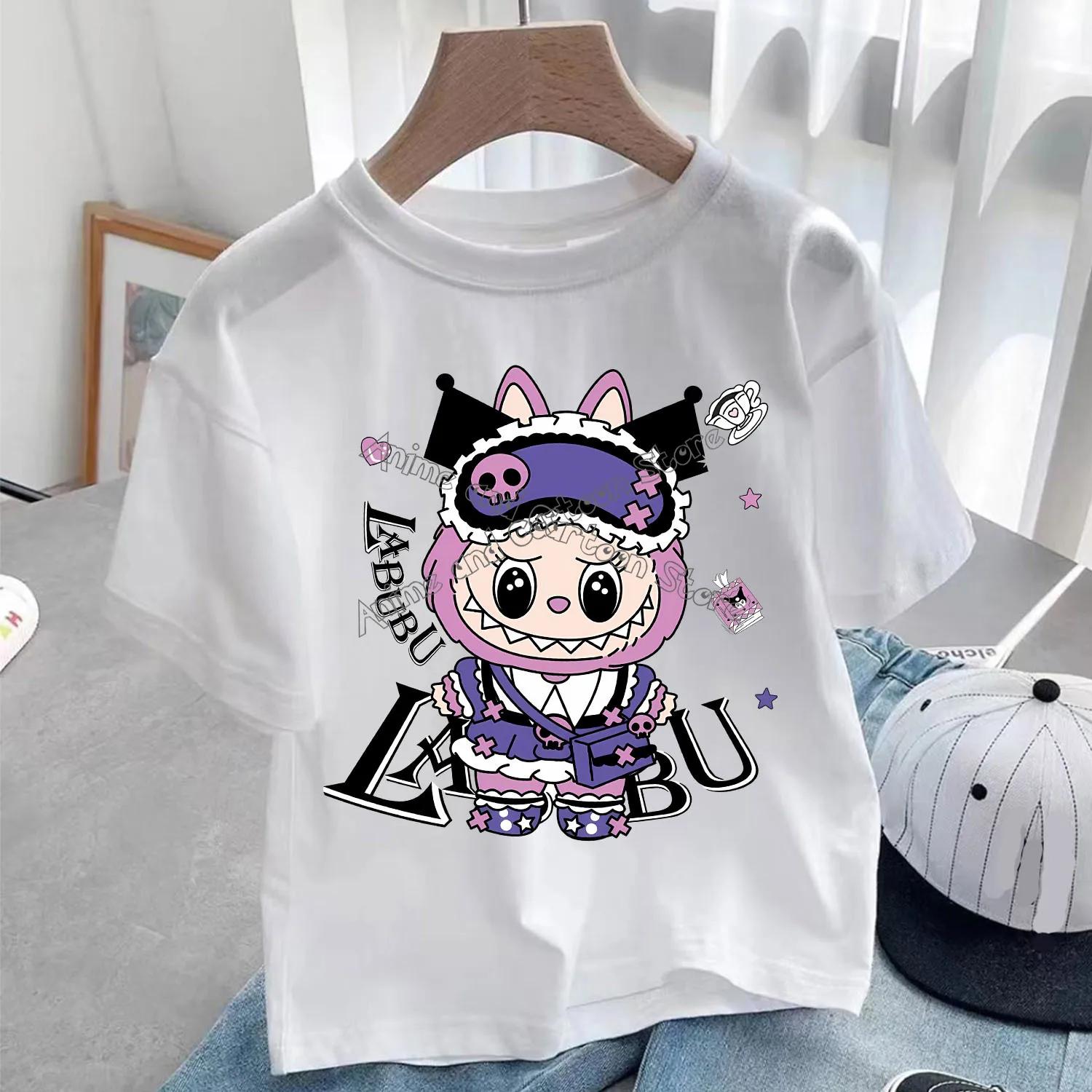 Maglietta Bianca Labubu per Bambini Carina Maglietta Cartone Animato Top Anime Girocollo Manica Corta Vestiti Moda Abbigliamento Estivo per Bambini Regalo 150