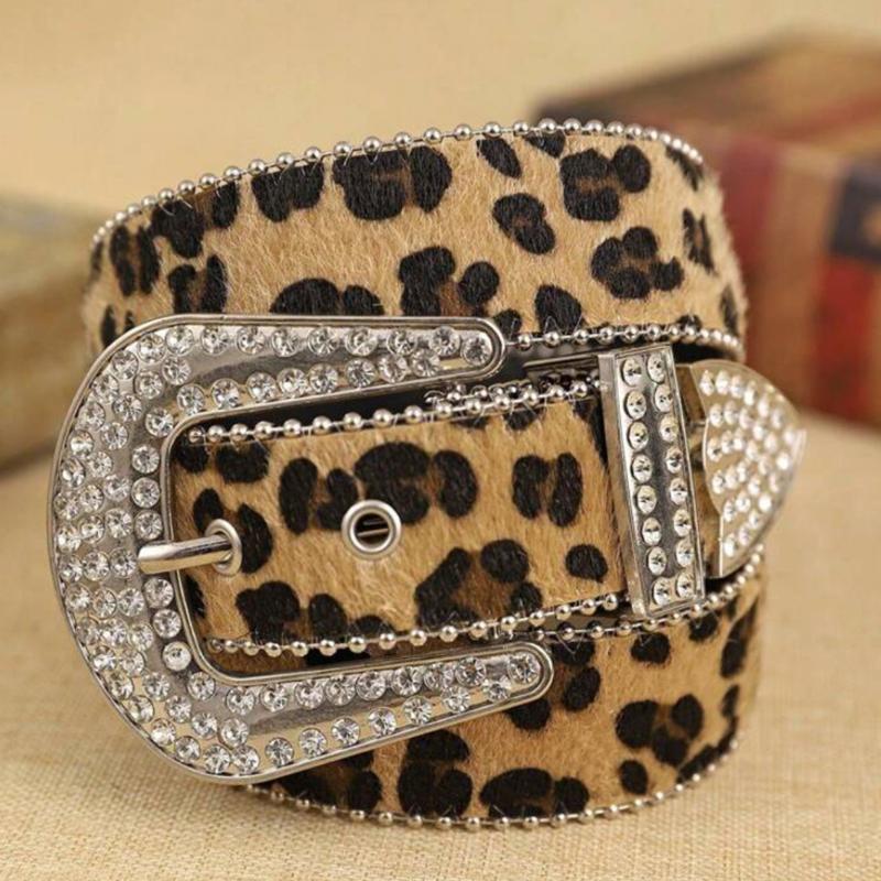 Women  Solid /Leopard Print Studded  Belt Pu Leather Bling  Adjustable Glitter Waistband For Club Party