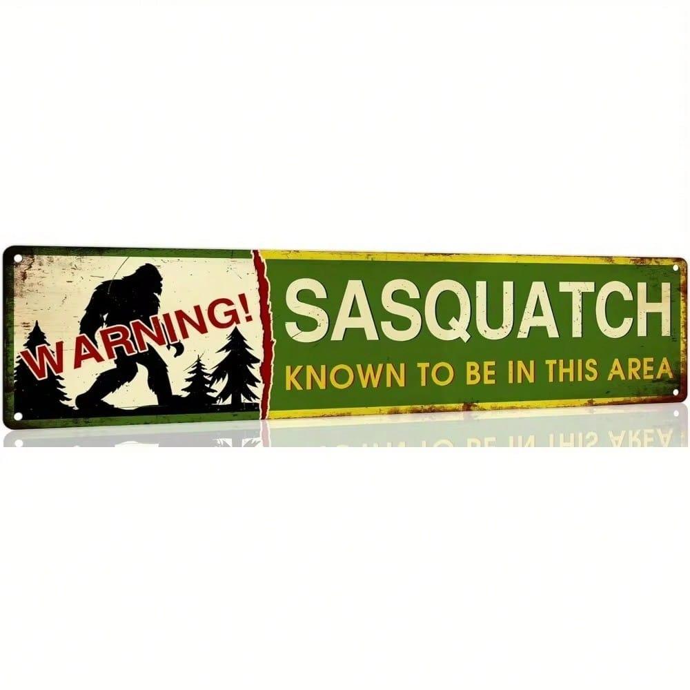 Rustic Sasquatch Metal Tin Sign 4x16 Inches, Vintage Green Yellow Wall Art, Black Silhouette