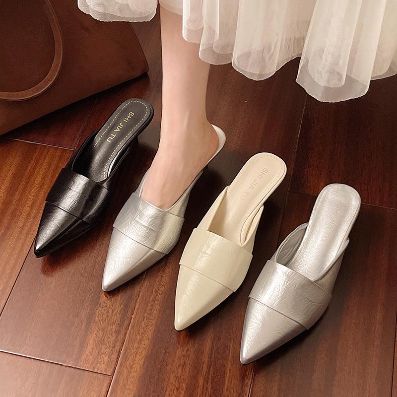 French temperament bag head half slippers women's shoes wear 2025 new summer fashion pointed black high-heeled sandals