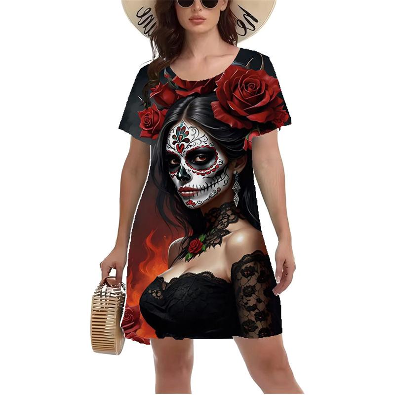 3D Vintage Rose Skull Graphic Print Dress Gothic Style Mini Dress Women Summer Short Sleeve O-Neck Casual A-Line Dress Vestidos