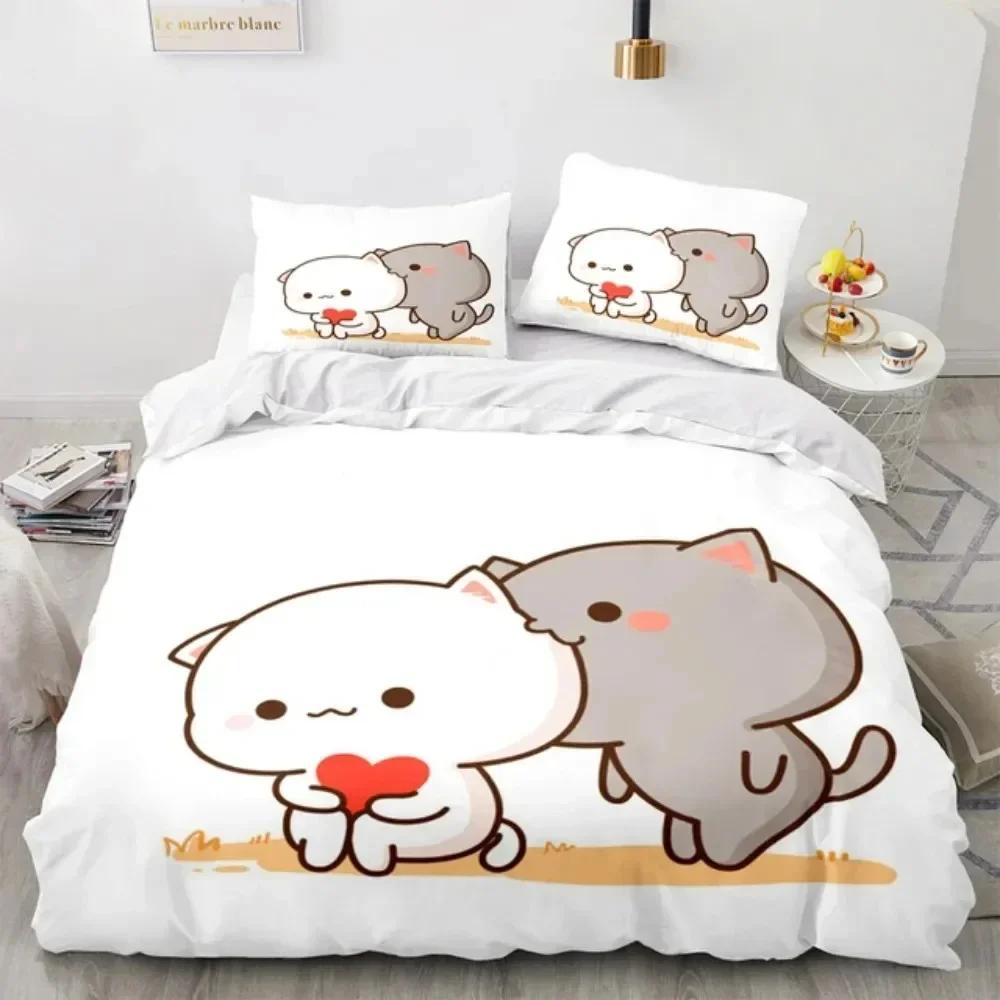 3D Print Cartoon Lovely Peach Cat 3D Duvet Cover Bedding Set Comforter Linen Pillowcases Home Decor Single Double King Queen