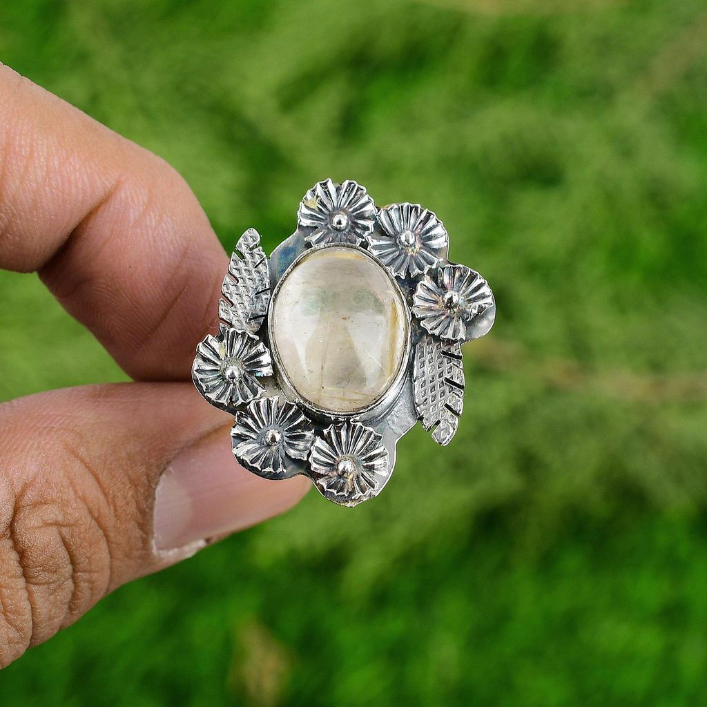 Gift For Her 925 Silver Natural Golden Rutile Multi Stone Flower Adjustable Ring