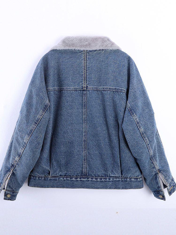 Women's Stylish Korean Velvet-Lined Denim Jacket – Warm, Casual, Loose-Fit Cotton Winter Coat