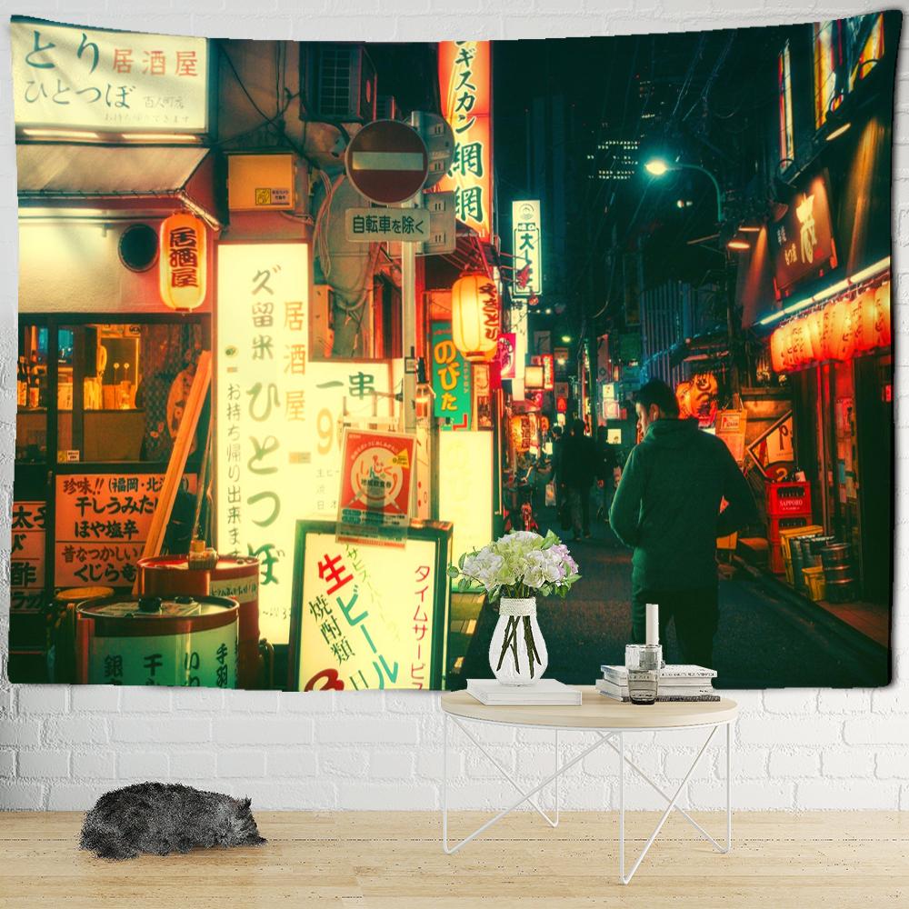Tapestry s nočním pohledem na Tokio Psychedelická látka na pozadí čarodějnictví Nástěnná dekorace Cikánský domov Dekorace místnosti
