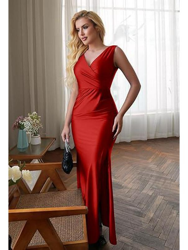 European & American Slim Fit Solid Color Satin Slit Dress