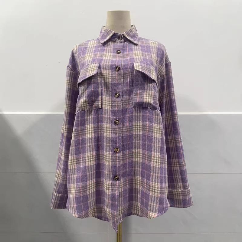 2026 Women's Autumn-Winter Loose Plaid Pocket Shirt: Casual European & American Style