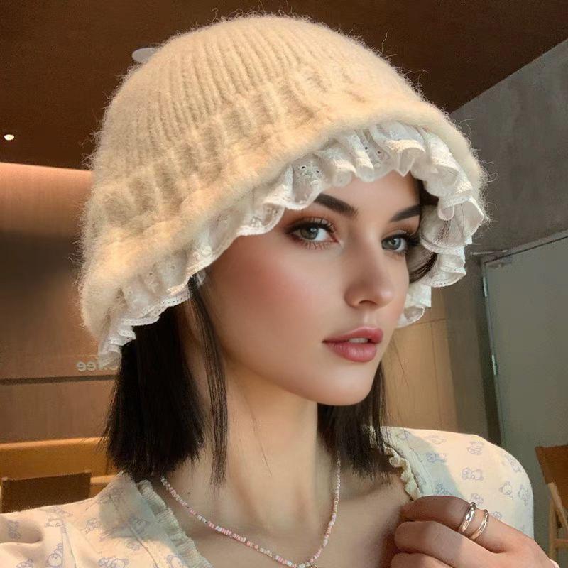 1PC Knitted Slimming Hat Oversized Fisherman Hat Fashionable Lace Elegant Trimmed Korean Bucket Warm 53-60cm