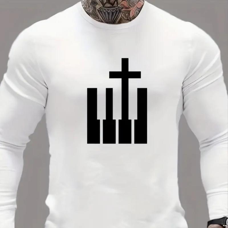 Personality Cross Print Men's Tshirts Long Sleeve Tees Round Neck Casual Pullover Men's Clothing Plus Size