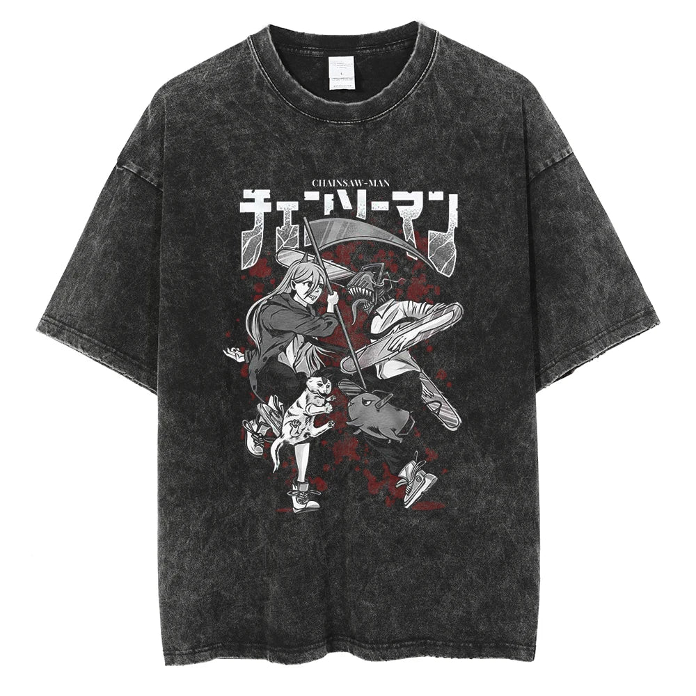 Kettensägenmann Power Anime Bedrucktes T-Shirt für Herren und Damen Gewaschenes T-Shirt Hohe Qualität Vintage Baumwoll-T-Shirt YK Tops