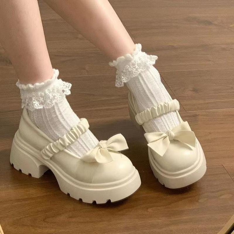 Fashion Japanese Style bowknot JK Thick Heel Mary Jane Women's Shoes Summer Vintage French Slip-On PU Leather Chunky Cosplay Pumps