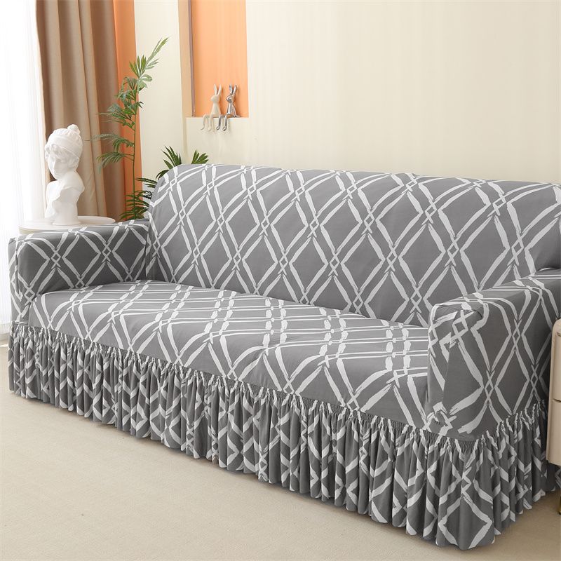 Geometric Elastic Sofa Cover with Skirt Fits Single To Four-Person Sofas Sofa Protection Cover|Elegant Home Accessory|Ruffled Edge Detail