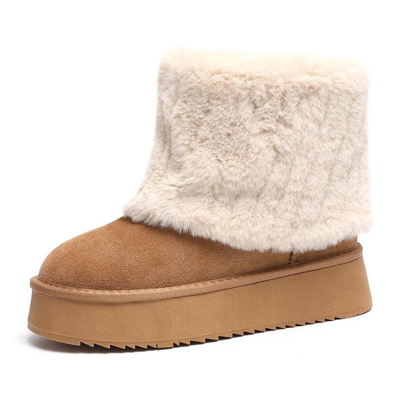 Snow Boots, Women's Fur and Fur Integration, Winter New Fleece Thickened Cotton Boots, Flat Soles, Warm Cotton Shoes, Women's Middle Weight