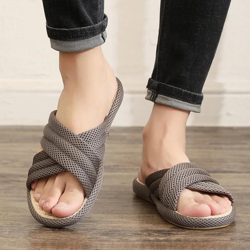 Fashion Women Home Floor Flax Slippers 2025 Spring Summer Shoes Breathable Fabric Anti-slip Couples Indoor Linen Slides House Footwear