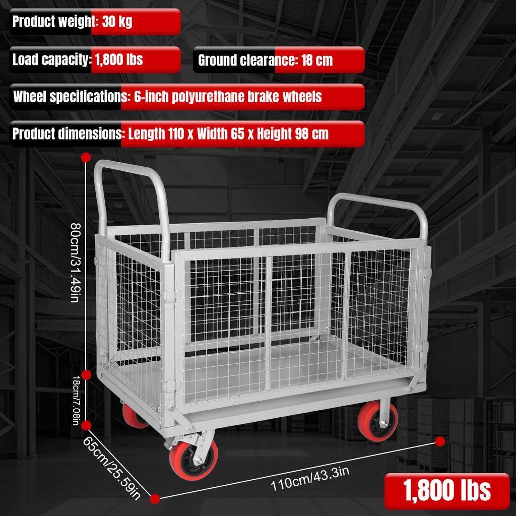 5 In 1 Heavy Duty Platform Truck with Cage Large Capacity Hand Truck Versatile Basket Cart for Warehouse Production Line
