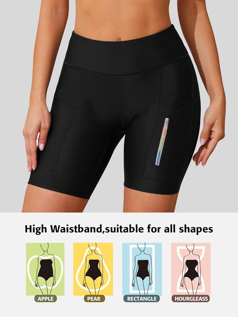 Pantaloncini Da Bagno Donna Vita Alta - Asciugatura Rapida, Con Tasche, Nero/blu - Foto 5