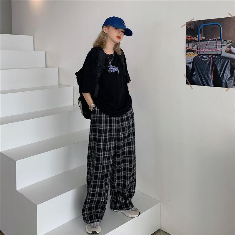 Retro Teens Harajuku Plus Size Hip Hop Streetwear Autumn Women Plaid Pants Casual Oversize Loose Wide Leg Trouser
