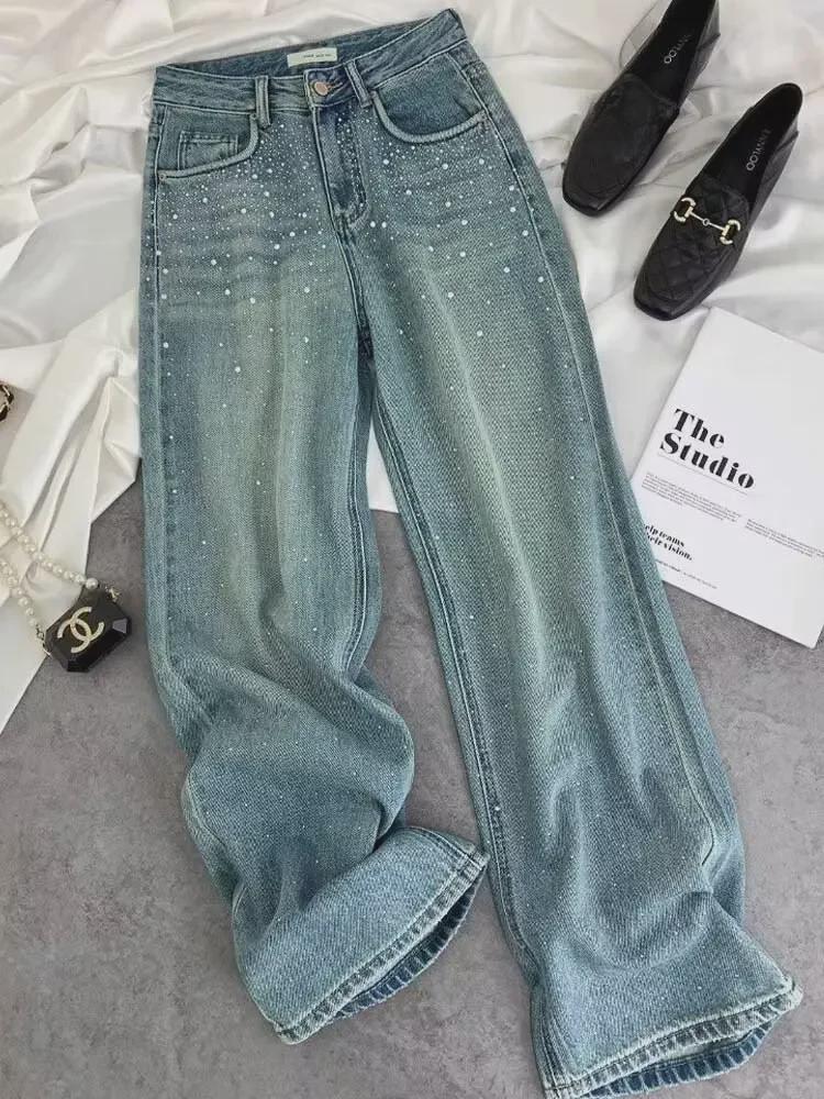 Starry Diamond High-Waist Slim Jeans for Women - New European Style, Loose Fit Trousers for Spring and Summer