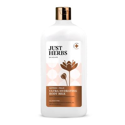 Just Herbs Safrane + Malai Nährende Körpermilch Feuchtigkeitsspender für Männer & Frauen | Feuchtigkeitsspendende Körperlotion für fahle, müde & trockene Haut | Für alle Hauttypen geeignet