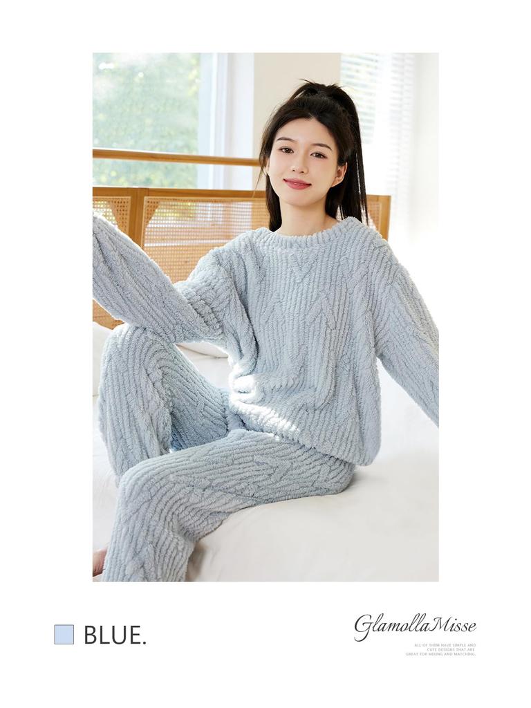 GlamollaMisse Pajama and Flannel Top and Crew Long and Long Pants with Elastic and Slimming Loungewear for and Winter Women's Set, V-Shaped