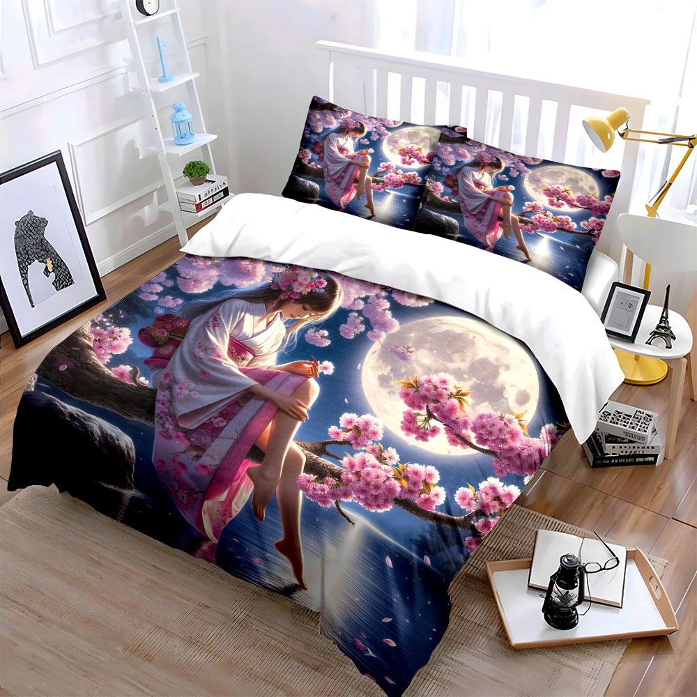 "Cherry Blossom Moonlit Decor Set" Bedding Set with 1 Duvet Cover 2 Pillowcases Single Double King Queen, Gift
