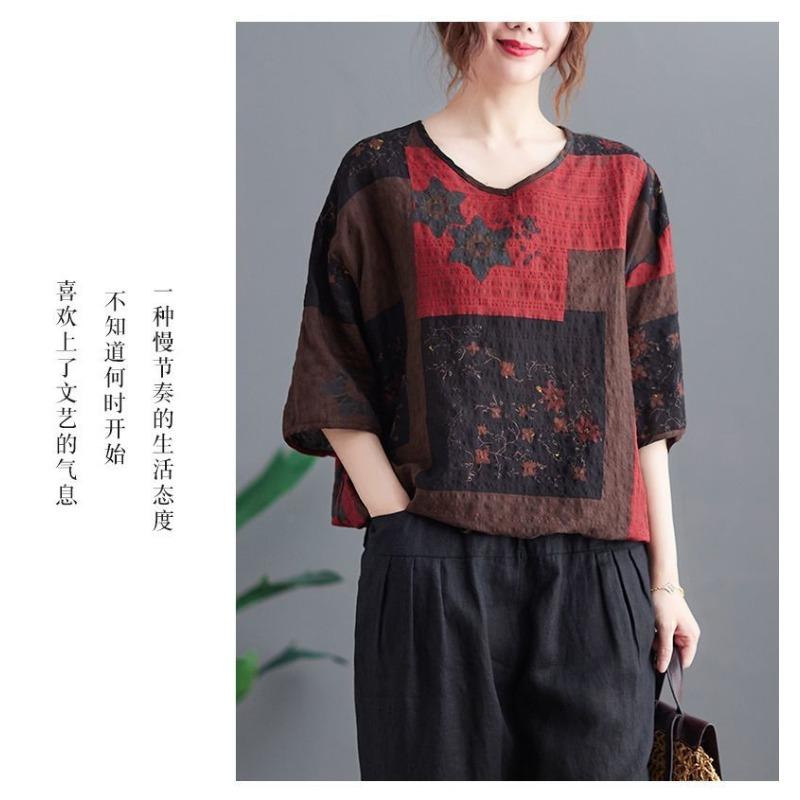 Retro Bedruckte Leinen Kurzarm Tops Sommer Dünn Lässig Locker sitzend Blasen Baumwolle und Leinen Herz-Ausschnitt T-Shirts