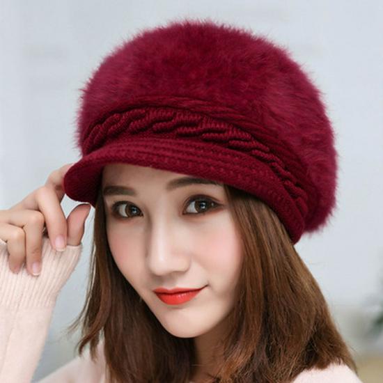 

Зимняя шерстяная шапка в корейском стиле с кроличьим пухом и бархатной подкладкой - Теплая, модная и непродуваемая для женщин One Size (Stretchable)
