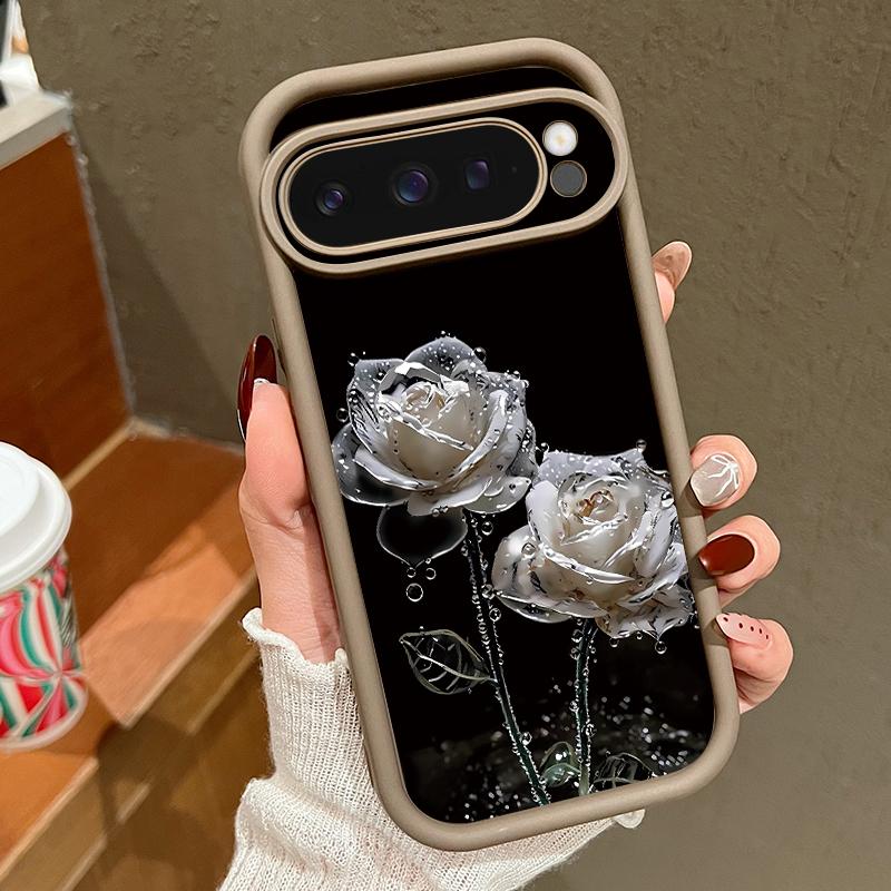 Black Rose Lotus Flower Pattern Phone Case For Google Pixel 8 7 Pro 8A 9 Pro XL Candy Color Soft TPU Silicone Shockproof Cover For Pixel 9 8 7 Pro