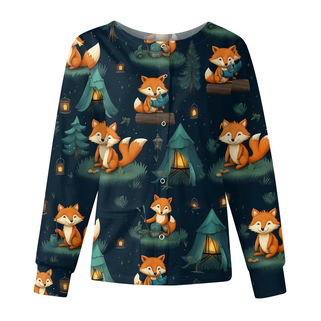 Damen Casual Mode Langarm Stehkragen Einreiher Niedlich Tierisch Bedruckt Arbeitsjacke Oberteile