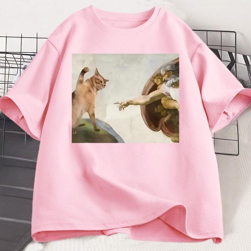 Grappig Kat God Schepping van Adam Meme T-shirt Dames Casuals Korte Mouw Jezus T-shirt Ronde Hals Tops