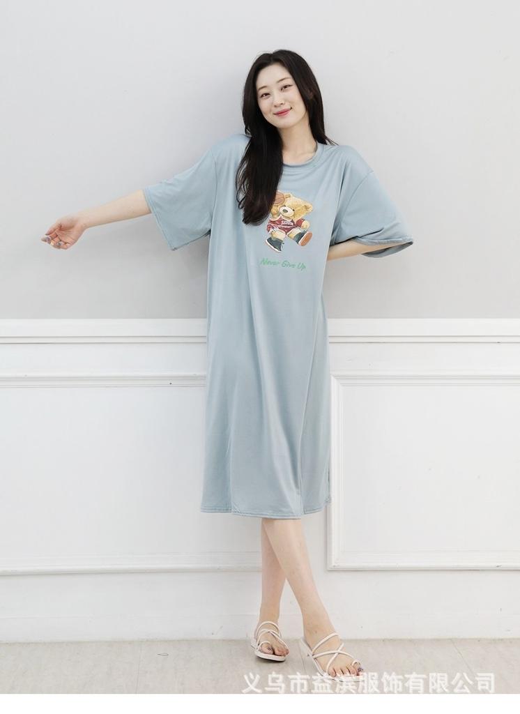 Korean version dress round neck comfortable nightdress women's casual fresh pleated short sleeve floral dress slim dress