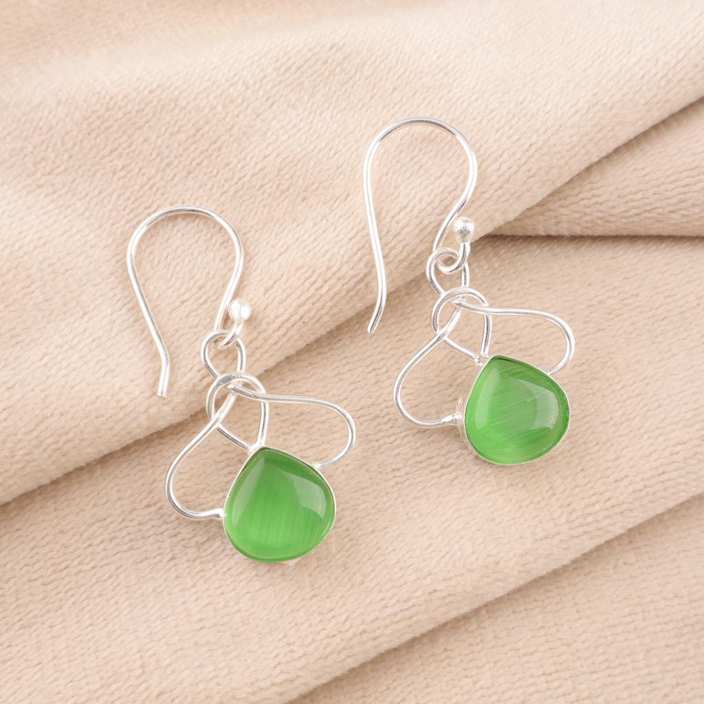 Green Cat's Eye Gemstone 925 Sterling Silver Jewelry Handcrafted Earrings 1.50" EE-2-44