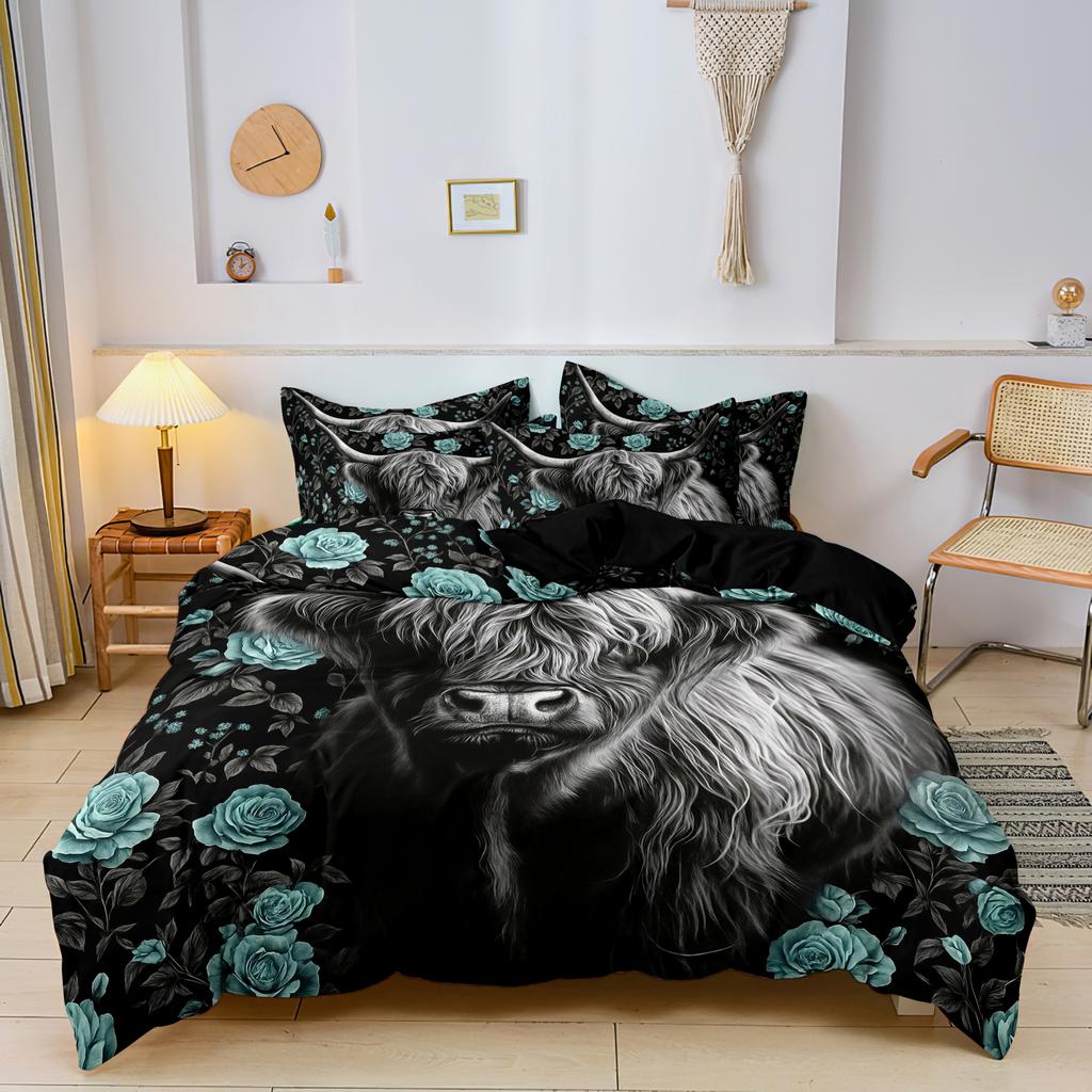 3pcs Highland Cow Pattern Duvet Cover Set Fabric With Digital Animal Print 1 Duvet Cover And 2 Pillowcases (No Quilt)