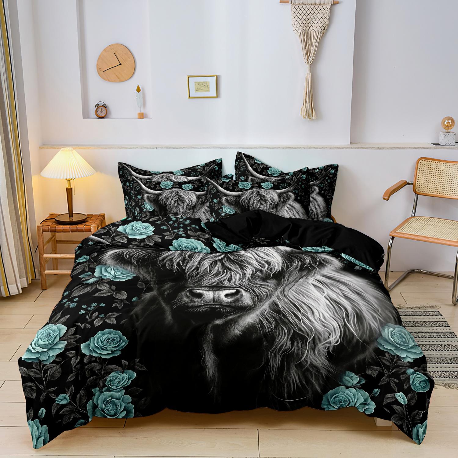 

3pcs Highland Cow Pattern Duvet Cover Set Fabric With Digital Animal Print 1 Duvet Cover And 2 Pillowcases (No Quilt) EU Single(135*200cm)3pcs
