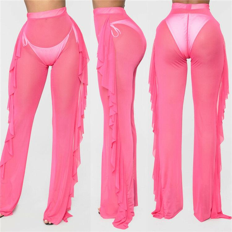 Rüschen Einfarbig Lässige Sexy Mesh-Hose Durchsichtige Strandurlaubshose für Damen
