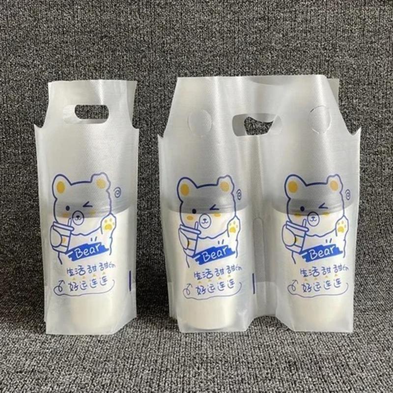 200PCS Cartone animato Sacchetto per tazza singola Sacchetto per tazza doppia Sacchetto per imballaggio di tè al latte Sacchetto per asporto Tipo di maniglia Bevande Confezione di plastica