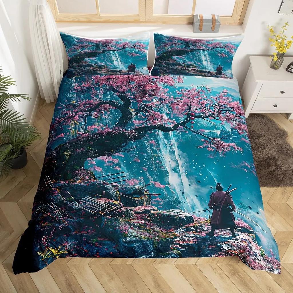 Japanese Samurai Bedding Set Full Size Cherry Blossoms Comforter Cover Red Sun Hokusai Duvet Cover Fuji Mountain Quilt Cover