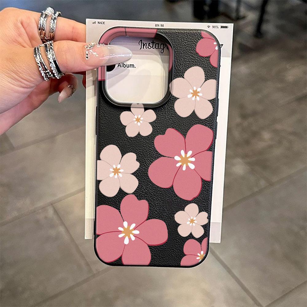 Pink Cherry Blossoms Imitation Leather Phone Case for iPhone 17 Air 16 E 15 14 Plus 13 12 11 Pro Max XS Max Soft Silicone Cover
