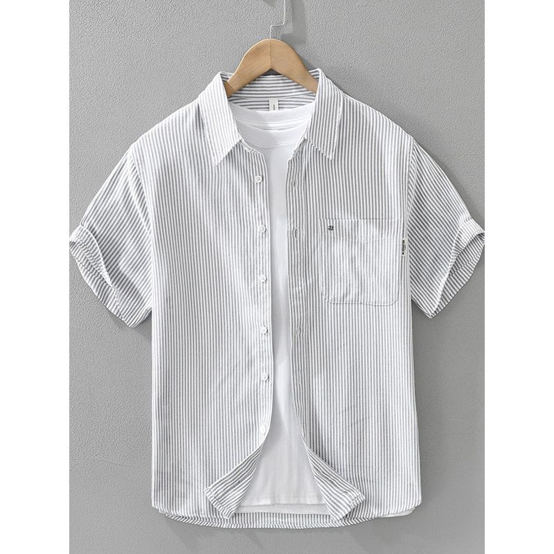 Summer Fresh Vertical Stripes Embroidery Half Short Sleeve Shirts Men's Loose Oxford Cotton Business Casual Shirt New