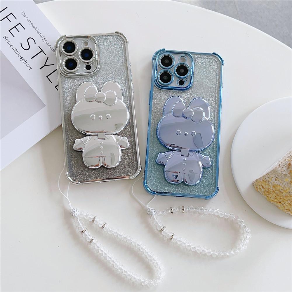 Glitter Shockproof Phone Case For Xiaomi Redmi Note 12 Pro 5G 11S 10S 9S 12 11 10 9 Pro Mirror Rabbit Stand Crystal Chain Cover