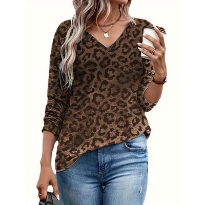 Autumn Fashion 3D Leopard Print T-shirt Women Streetwear Casual T Shirts Y2k Tops Woman Harajuku V-Neck Tees Oversized Clothing