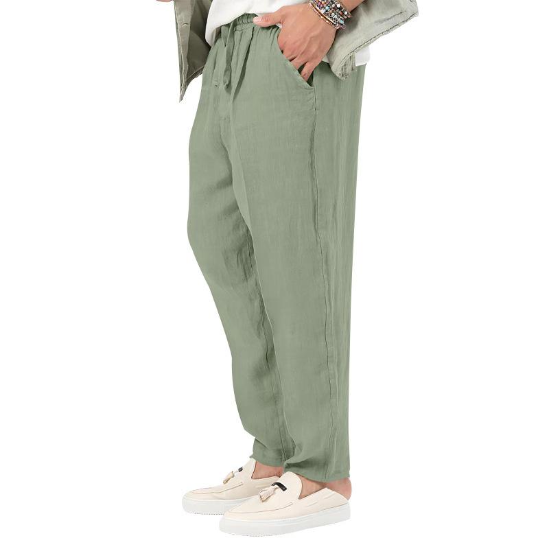 New Thin Section of Men's Fashion Large Size Solid Colour Leisure Drawstring Cotton Linen Trousers Breathable Trousers