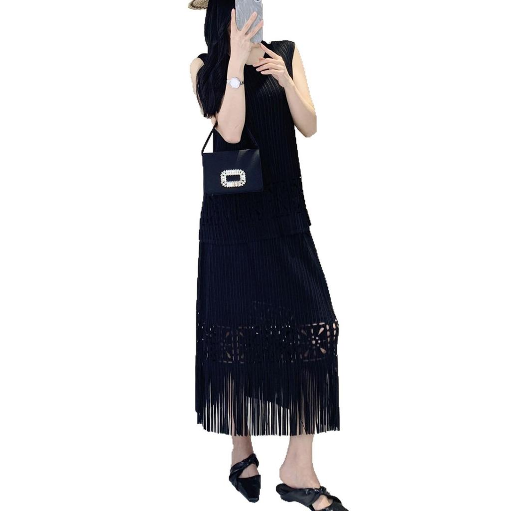 2025 Spring/Summer Women's Pleated Tassel Tank Top & Midi Skirt Two-Piece Set