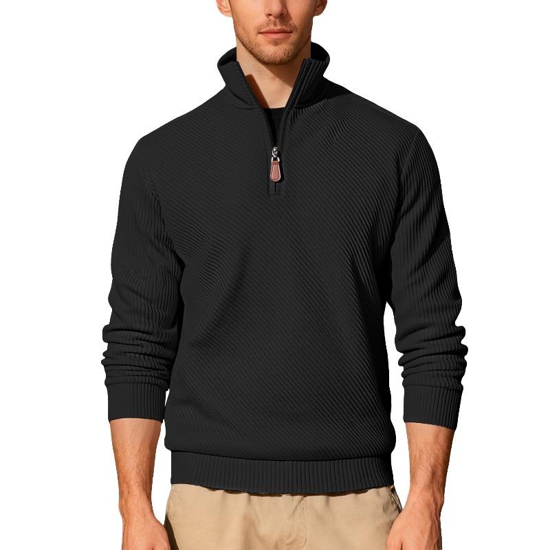 Men's Twill Jacquard Ribbed Half Zip Sweatshirt, Long Sleeve Stand Collar Sport Casual Trendy Pullover Hoodie for Autumn Winter