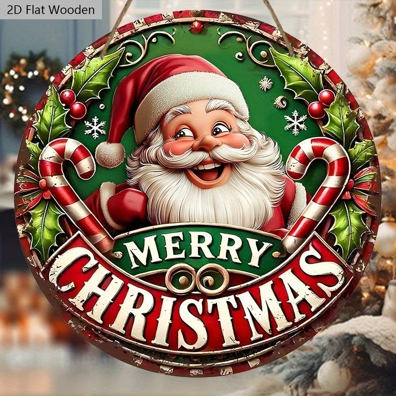 Wooden Christmas Sign with Santa Claus Pattern - Merry Christmas Round Sign for Front Door, Wall Hanging Decor - Ideal Christmas Gift