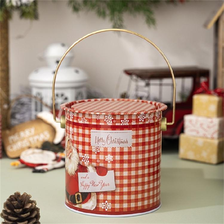 2pcs Decorative Christmas Candy Boxes Handheld Round Bucket Portable Sweets Tins with Handle for Family Gathering