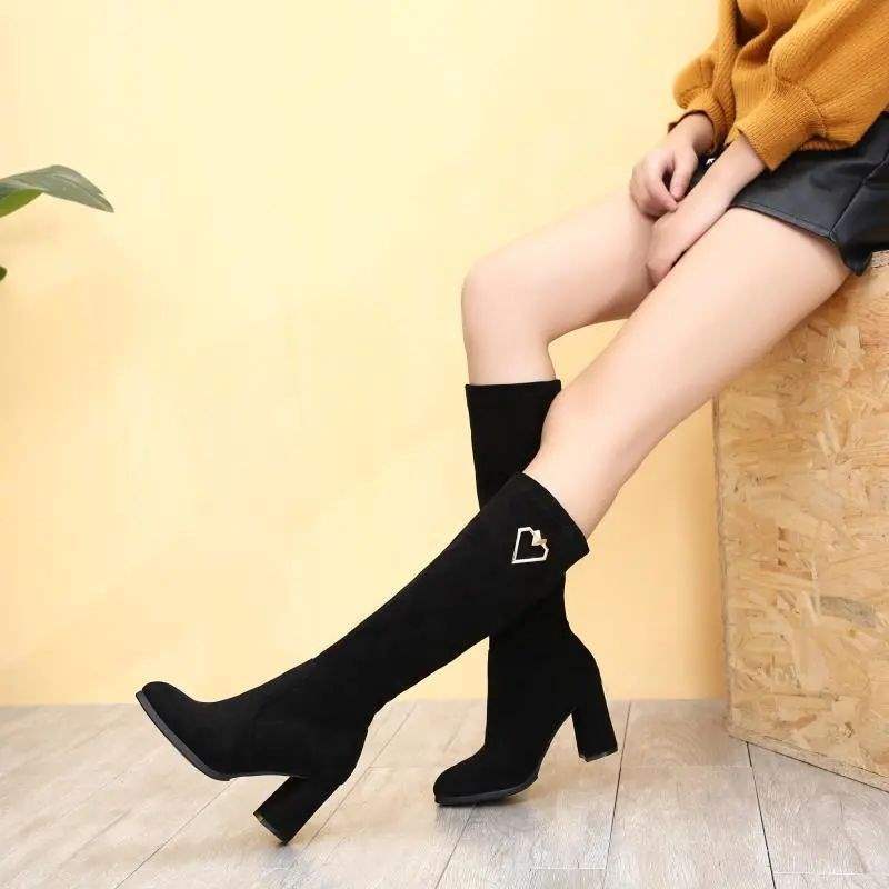 Boots Women's But Knee Boots Small Medium Boots High Heel Long Women's Boots Autumn and Winter Thick Heel High Elastic Thin Boots